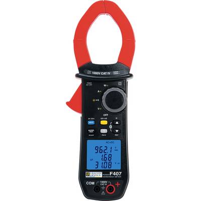 Pinza multimetro digitale con display blu, che mostra valori di misurazione di 96,21 e 1,68. Pinza rossa, alloggiamento nero. Principalmente utilizzata per misurazioni di tensione e corrente.