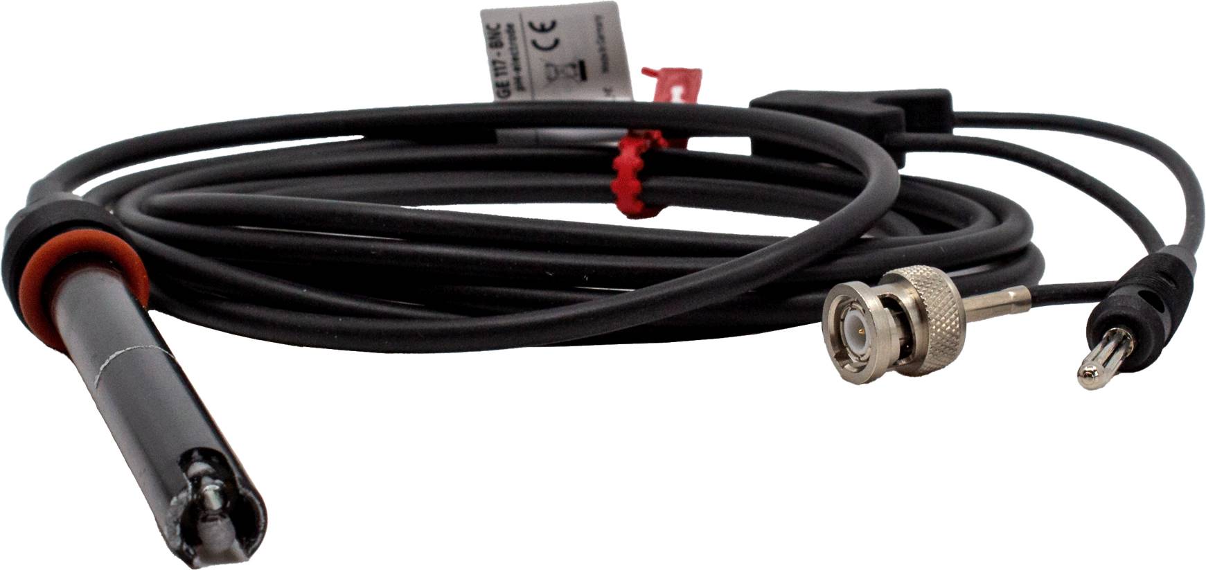 'Cavo di misura nero-rosso con connettore BNC e punta di prova, idoneo per strumenti elettronici di misurazione.'