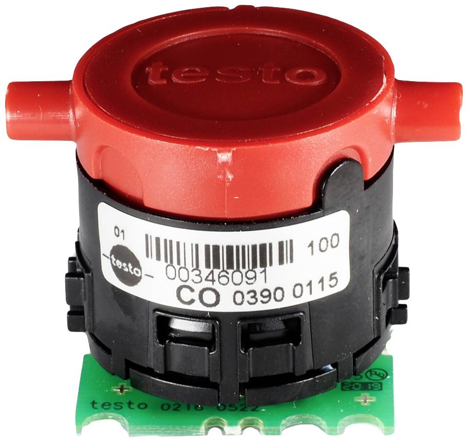 Sensore Testo CO con coperchio rosso, custodia nera e chip verde. Numero modello: CO 0390 0115, logo Testo visibile.