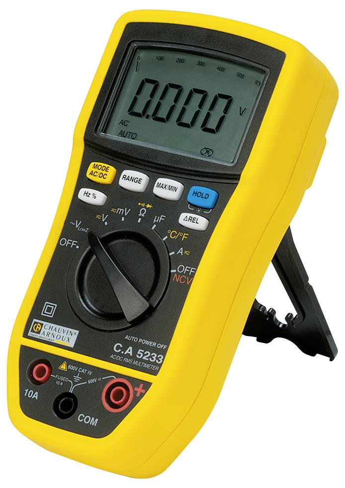 Un multimetro digitale giallo mostra 0,000 V sul display. Possiede diversi tasti e manopole di selezione per la scelta delle portate e delle modalità di misurazione.