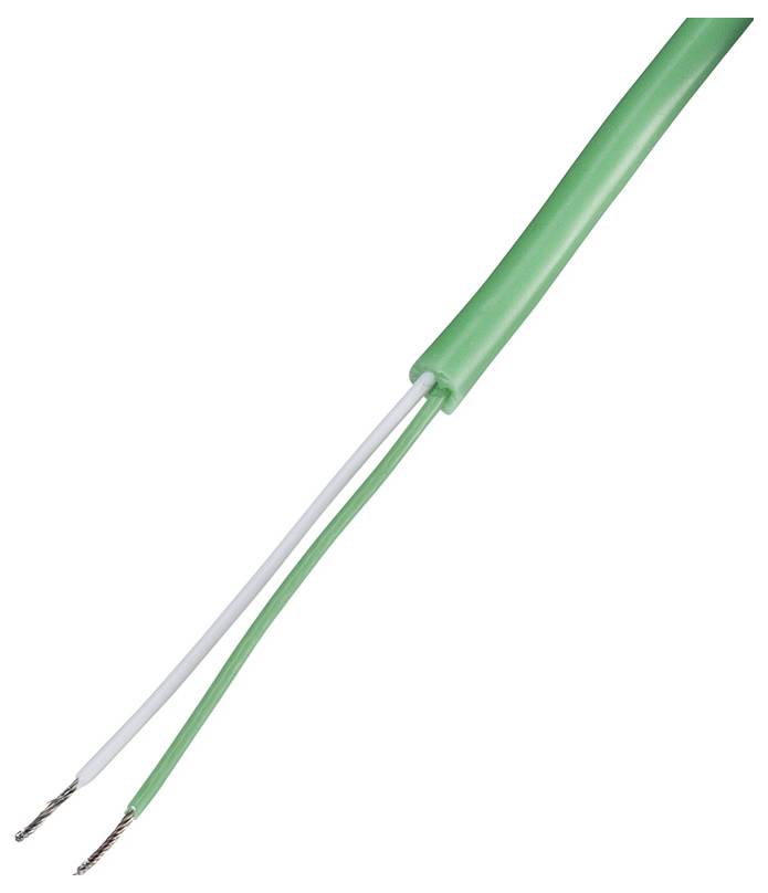 Un cavo elettrico verde con due fili scoperti: uno bianco, l'altro verde, per connessioni elettriche.