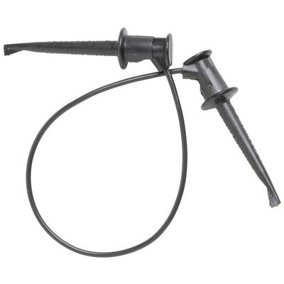 Un puntale nero con pinza a coccodrillo e cavo, utilizzato per test e misurazioni elettriche in campo elettronico.