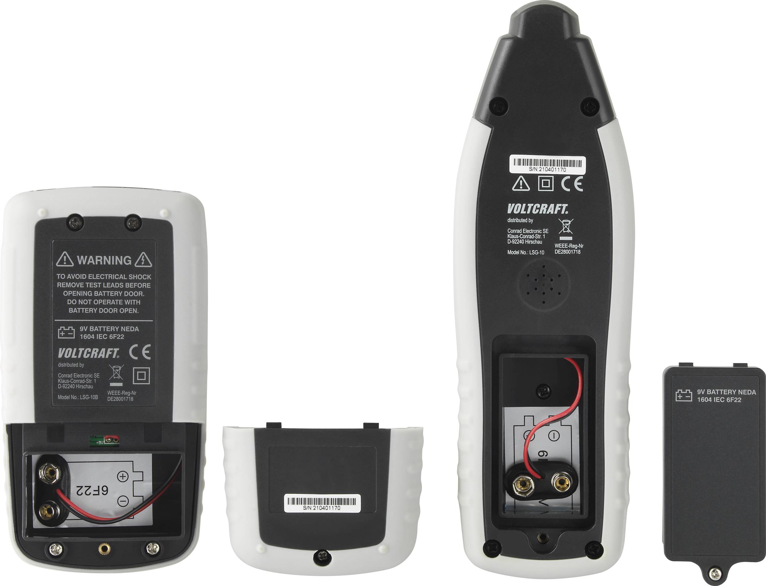 Voltmetro digitale, mostrato aperto con vano batteria, coperchio e dispositivo con logo Voltcraft. Morsetti di connessione e avvertenze visibili.