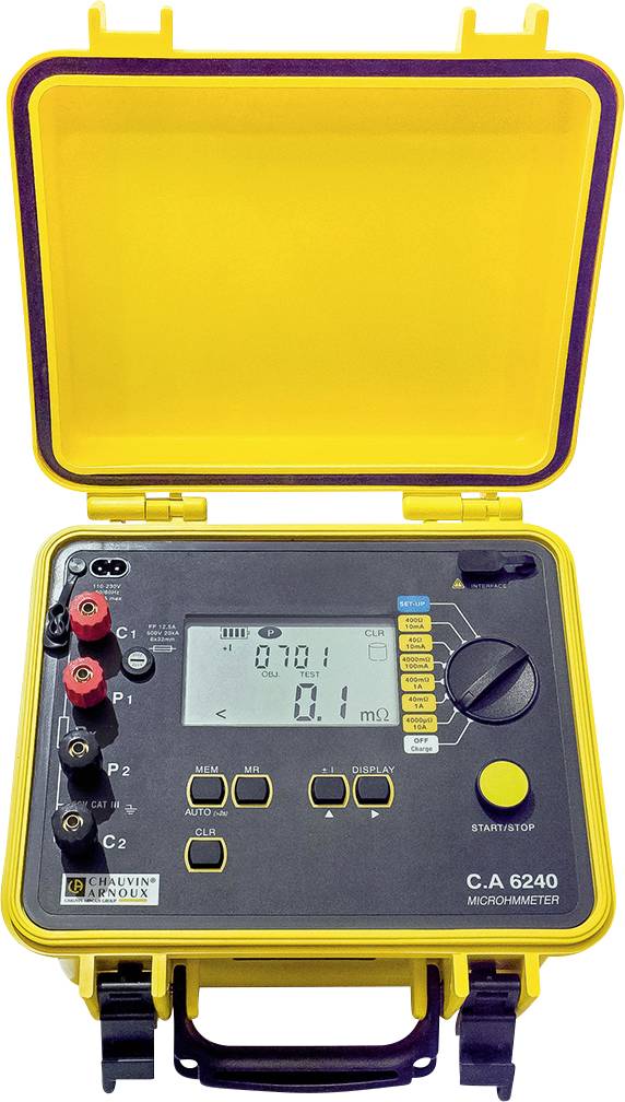 Misuratore di microresistenza portatile in un involucro giallo con display digitali e manopola di regolazione per la misurazione di piccole resistenze.