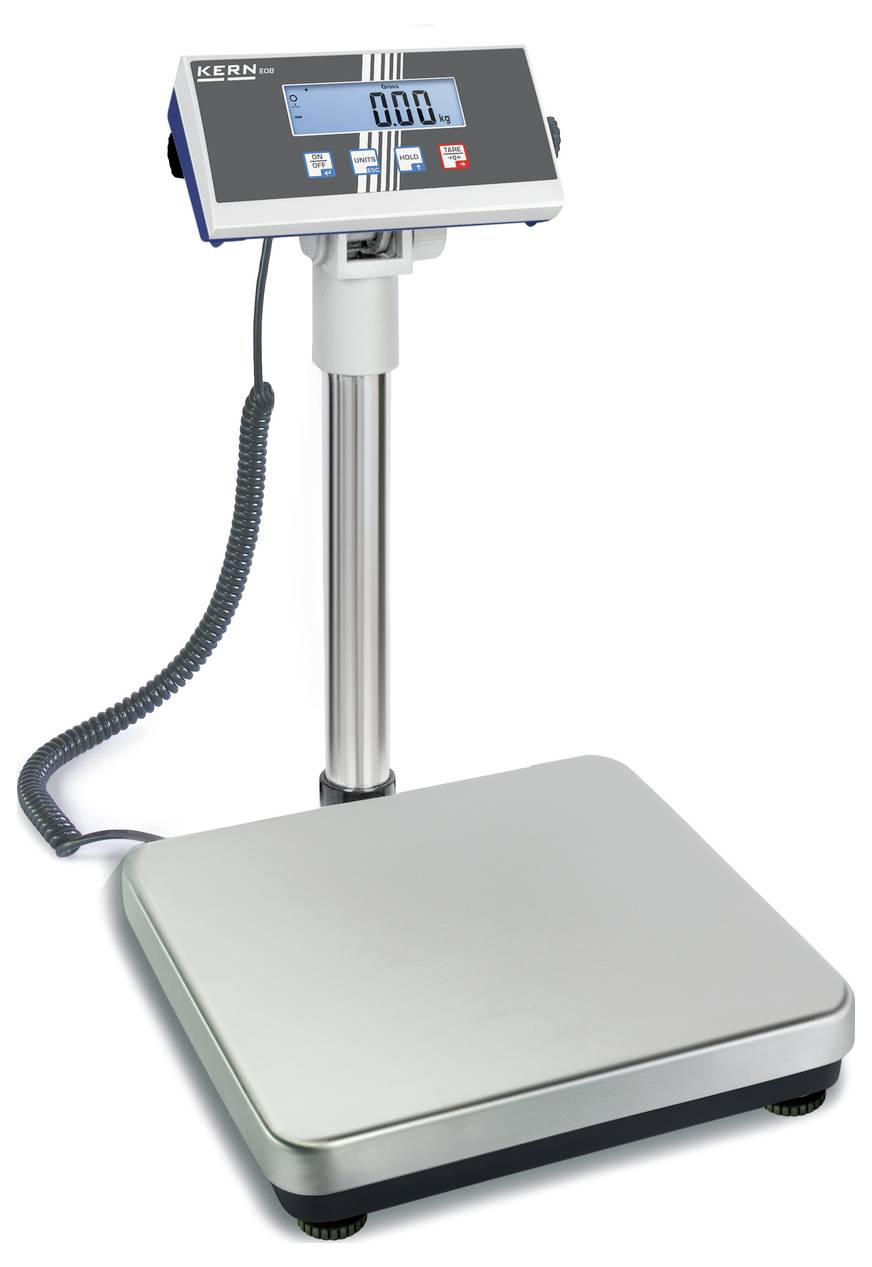 Una bilancia elettronica per persone con display digitale su un supporto. Il display mostra '0.0'. Modello Kern.