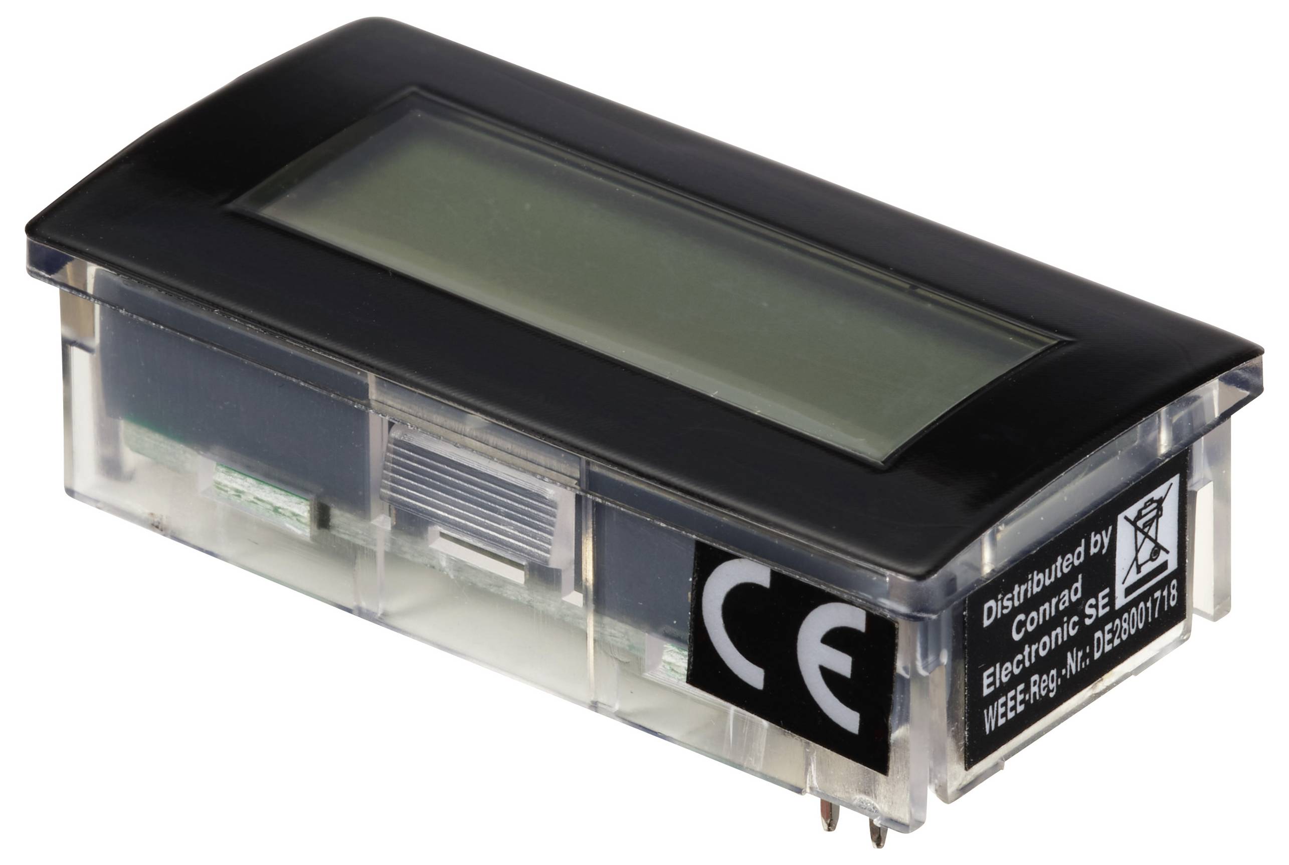 Un componente elettronico rettangolare con un piccolo display e il marchio CE sul lato.