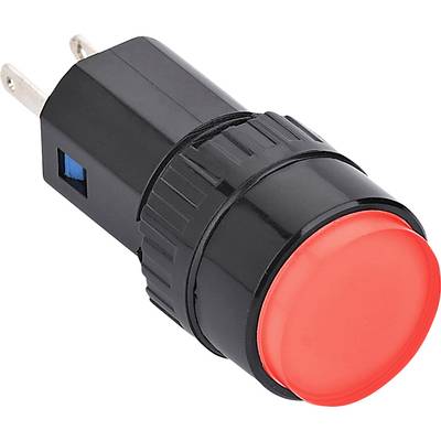 Un pulsante rotondo rosso su un involucro nero, simile a una spina elettrica, con due piedini metallici su un lato.