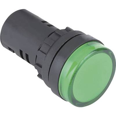 Pulsante luminoso verde in plastica, rotondo, montato su un involucro nero, probabilmente utilizzato per il controllo o la segnalazione.