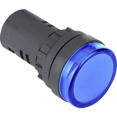 Un pulsante circolare blu su un involucro scuro, tipicamente utilizzato per dispositivi elettronici o pannelli di controllo di macchine.