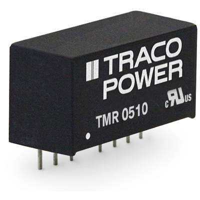 Schwarzer Traco Power Convertitore di tensione TMR 0510 con sei pin metallici. Le marcature sul componente mostrano informazioni tecniche.