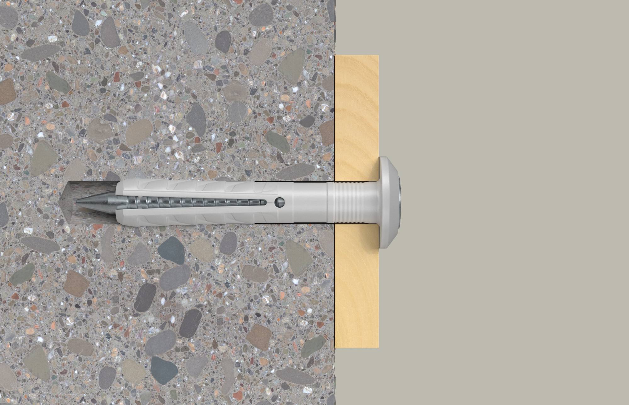 Sezione trasversale di un ancorante per muro avvitato nella muratura, con un tassello in plastica nel calcestruzzo e una vite che fissa una striscia di legno contro il muro.