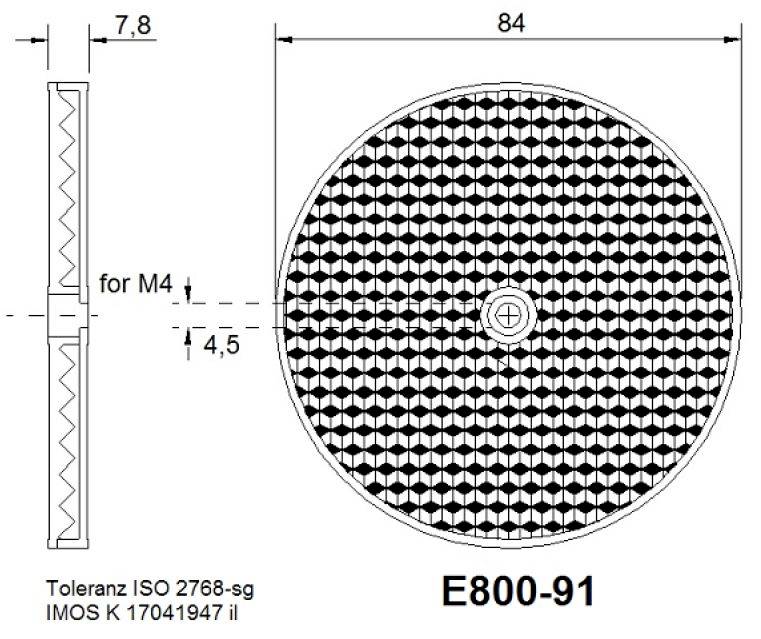 Disegno tecnico di una piastra circolare con schema di foratura, dimensioni e tolleranze specificate (ISO 2768-sg). Marcatura 'E800-91'.