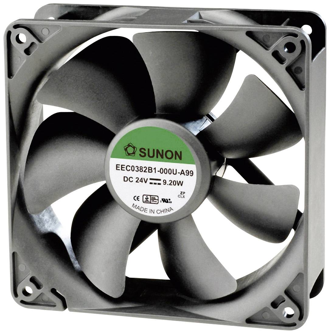 Un ventilatore quadrato nero con sei pale e un'etichetta verde con la scritta 'SUNON'.