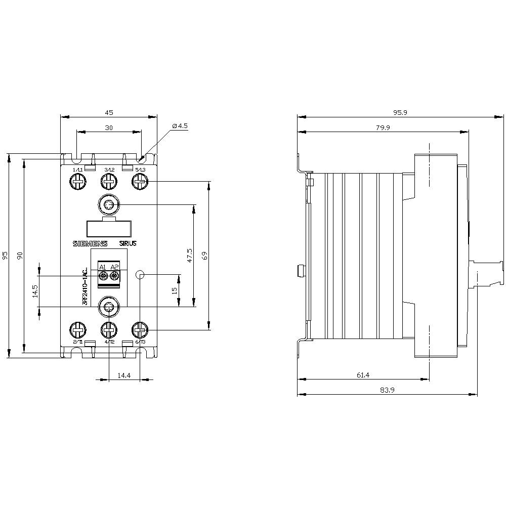 Schema elettrico di un dispositivo elettrico con dimensioni: larghezza 83,9 mm, altezza 144 mm. Vista laterale mostra una profondità di 95,9 mm. Connettori nella parte inferiore.