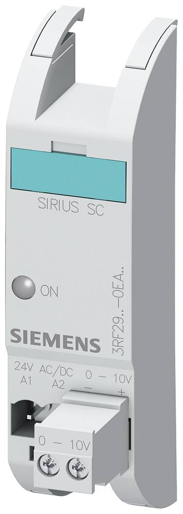 Un relè elettrico Siemens, modello 'SIRIUS SC', con interruttore 'ON'. Ha un campo di connessione da 0-10V e 24V AC/DC.