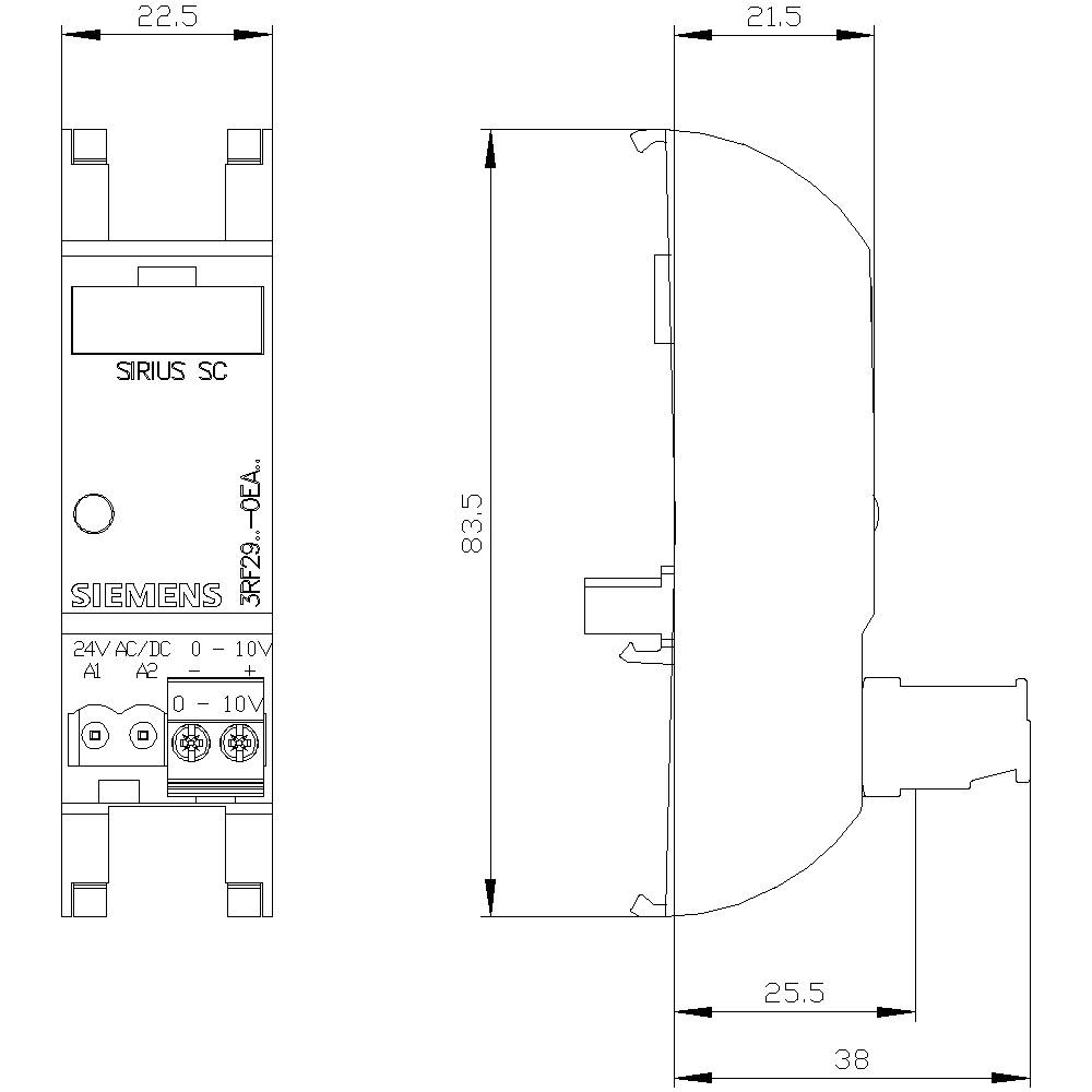 Disegno tecnico di un dispositivo Siemens SIRIUS SC con dimensioni: larghezza 22,5 mm, altezza 83,5 mm, profondità 21,5 mm. Mostra i morsetti di connessione.