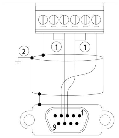 Diagramma di un connettore con pin numerati 1 e 9. Mostra le connessioni di cablaggio dal pin 9 a molteplici terminali. Include il simbolo di messa a terra.