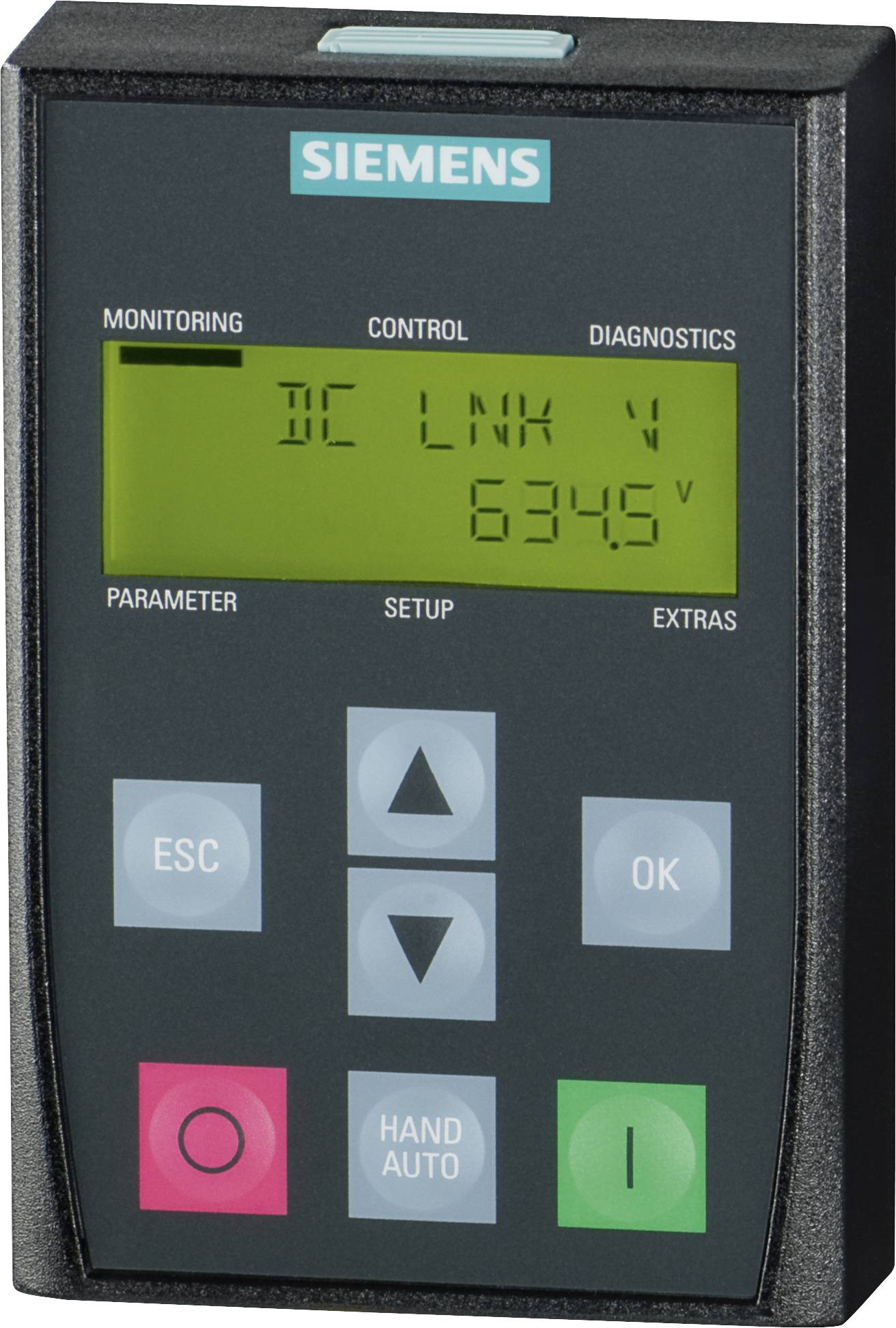 Pannello di controllo marchiato 'Siemens' con schermo display, pulsanti per 'ESC', navigazione e 'OK', che mostra una lettura di tensione di 6345 V.