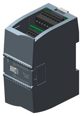 Un modello 3D di un dispositivo elettronico nero, probabilmente un modulo PLC, con connettori e porte visibili sulla parte superiore e sui lati.