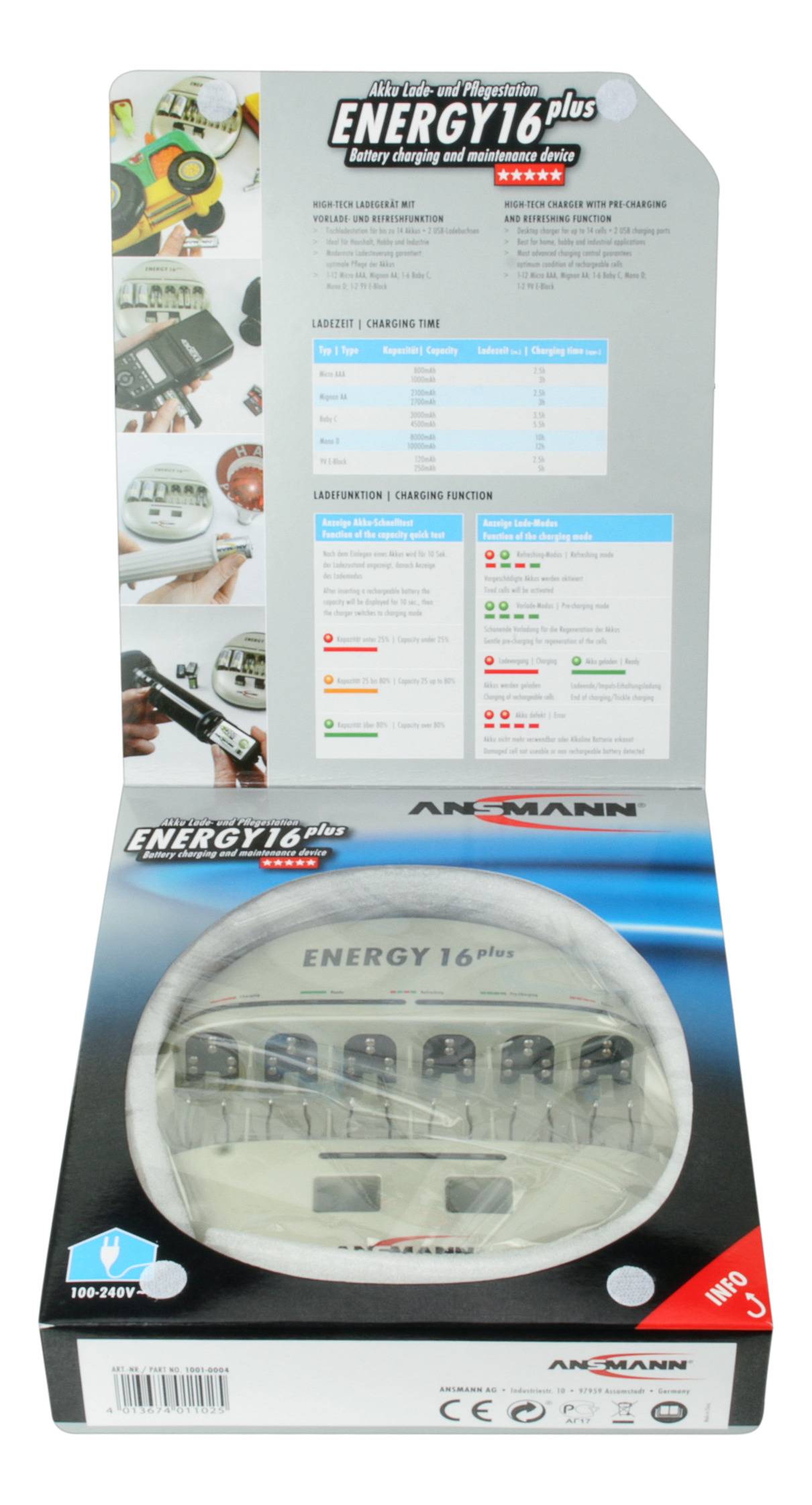 Un caricabatterie per batterie AA con la scritta 'Energy 16 plus'. Confezione con informazioni sui tempi di carica e sulle funzioni.