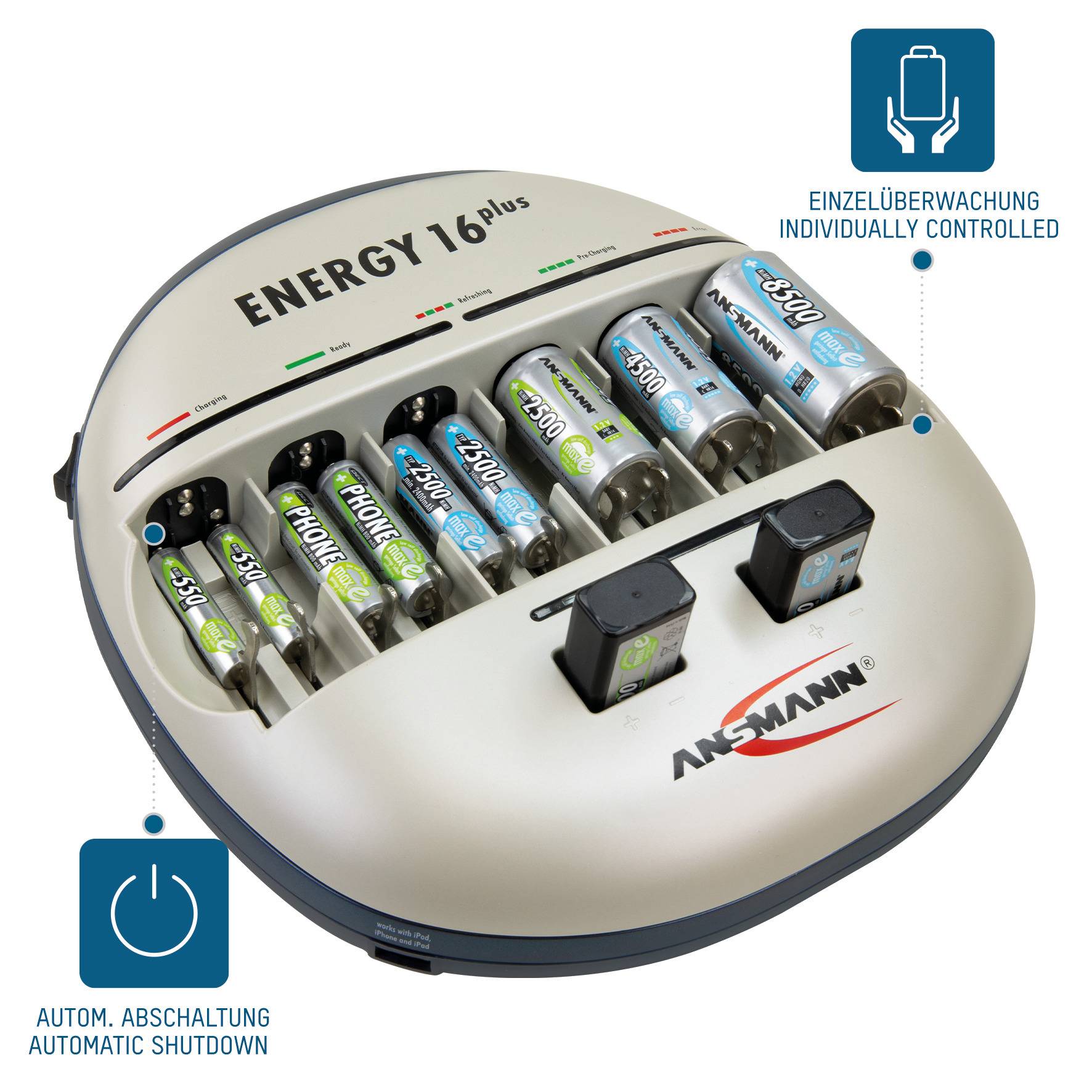 Ansmann Energy 16 plus Caricabatterie universale NiCd, NiMH Ministilo (AAA), Stilo (AA), 1/2 Torcia (C), Torcia (D), Blo-9