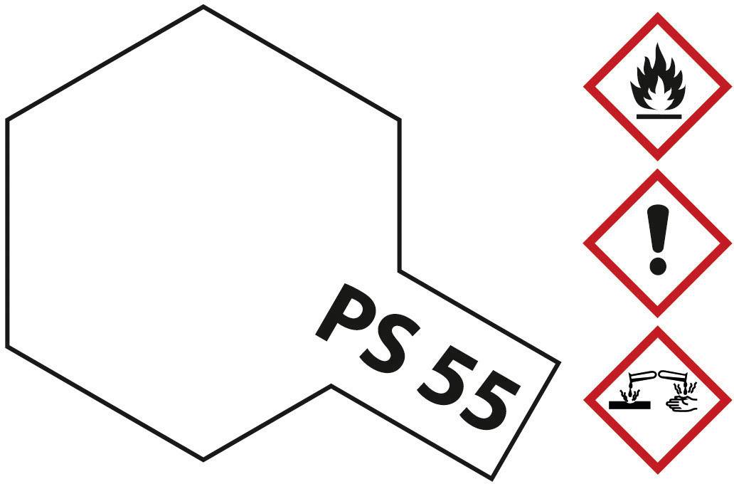 Formula strutturale chimica con 'PS 55'. A destra simboli di sicurezza: fiamma, attenzione e corrosività, che indicano sostanze pericolose.