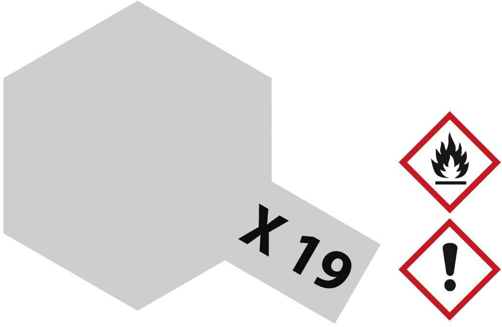 Pentagono grigio con 'X 19', accanto a due simboli di pericolo: fiamma per infiammabile e punto esclamativo per la cautela.