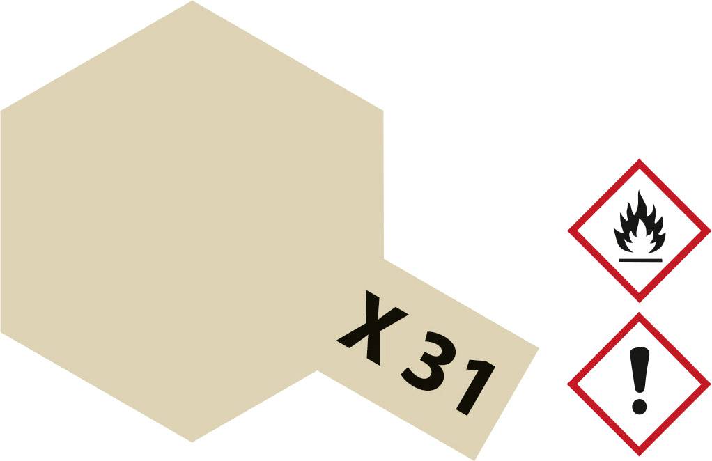Vernice beige, codice 'X 31'. Accanto due simboli di avvertenza: infiammabile, punto esclamativo (attenzione).