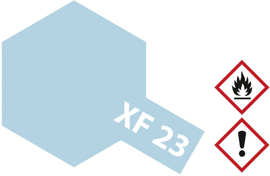 Etichetta 'XF 23' su un barattolo di vernice blu chiaro. Due pittogrammi di pericolo: fiamma e punto esclamativo, simboleggiano sostanze infiammabili e pericolose.