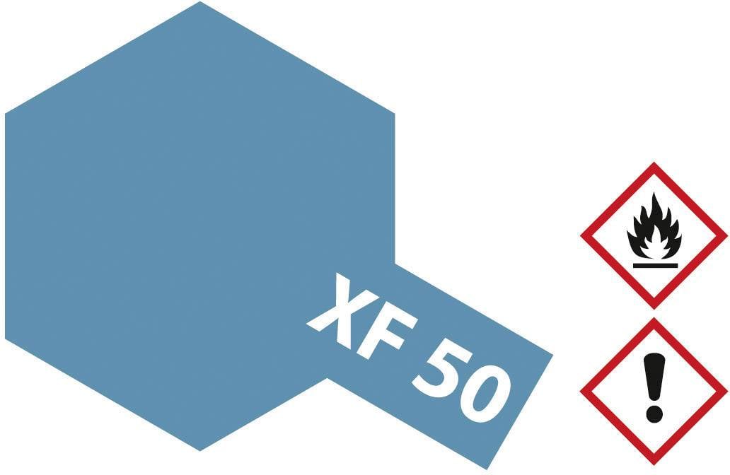 Esagono blu con l'etichetta 'XF 50' a destra. Due simboli di pericolo: fiamma per infiammabile, punto esclamativo per avvertenza.