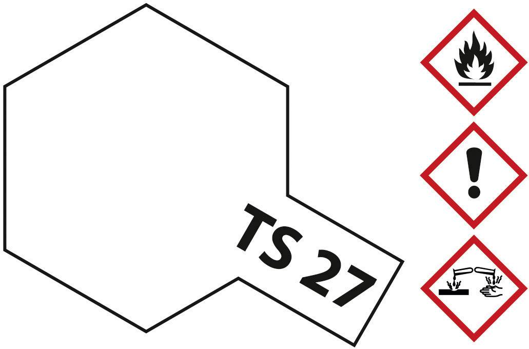 Etichetta con 'TS 27'. Tre simboli di pericolo: fiamma (infiammabile), punto esclamativo (attenzione), provette su mano (corrosivo).