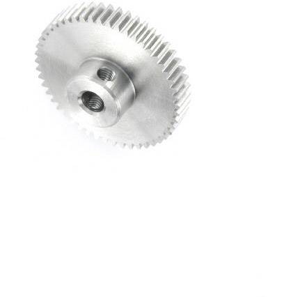 Un ingranaggio d'argento con bordi ondulati, foro centrale e filettatura, utilizzato per applicazioni meccaniche o industriali.