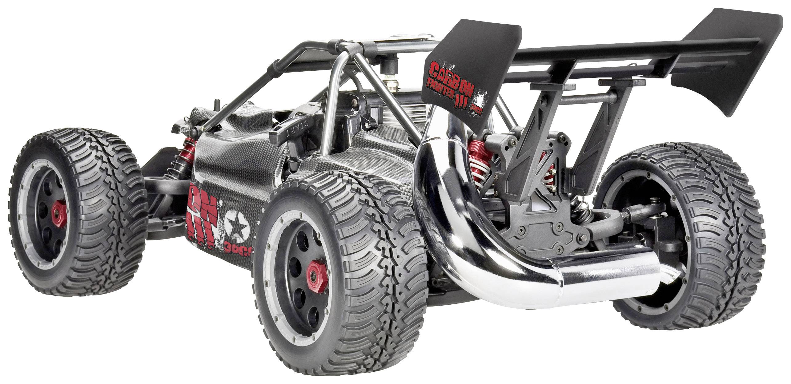 Macchina radiocomandata con pneumatici grandi, scarico visibile e spoiler posteriore, posizionata su una superficie piana.