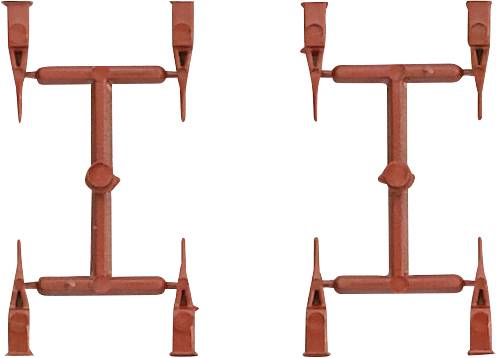 Parti in plastica rossa a forma di lettera 'H', fissate su telai di modellismo. Sono disposte in modo ordinato.