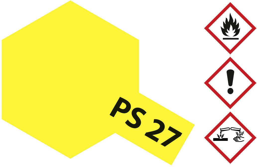 Un'etichetta gialla con la scritta 'PS 27'. A destra tre simboli di pericolo: fiamma, punto esclamativo e corrosione.
