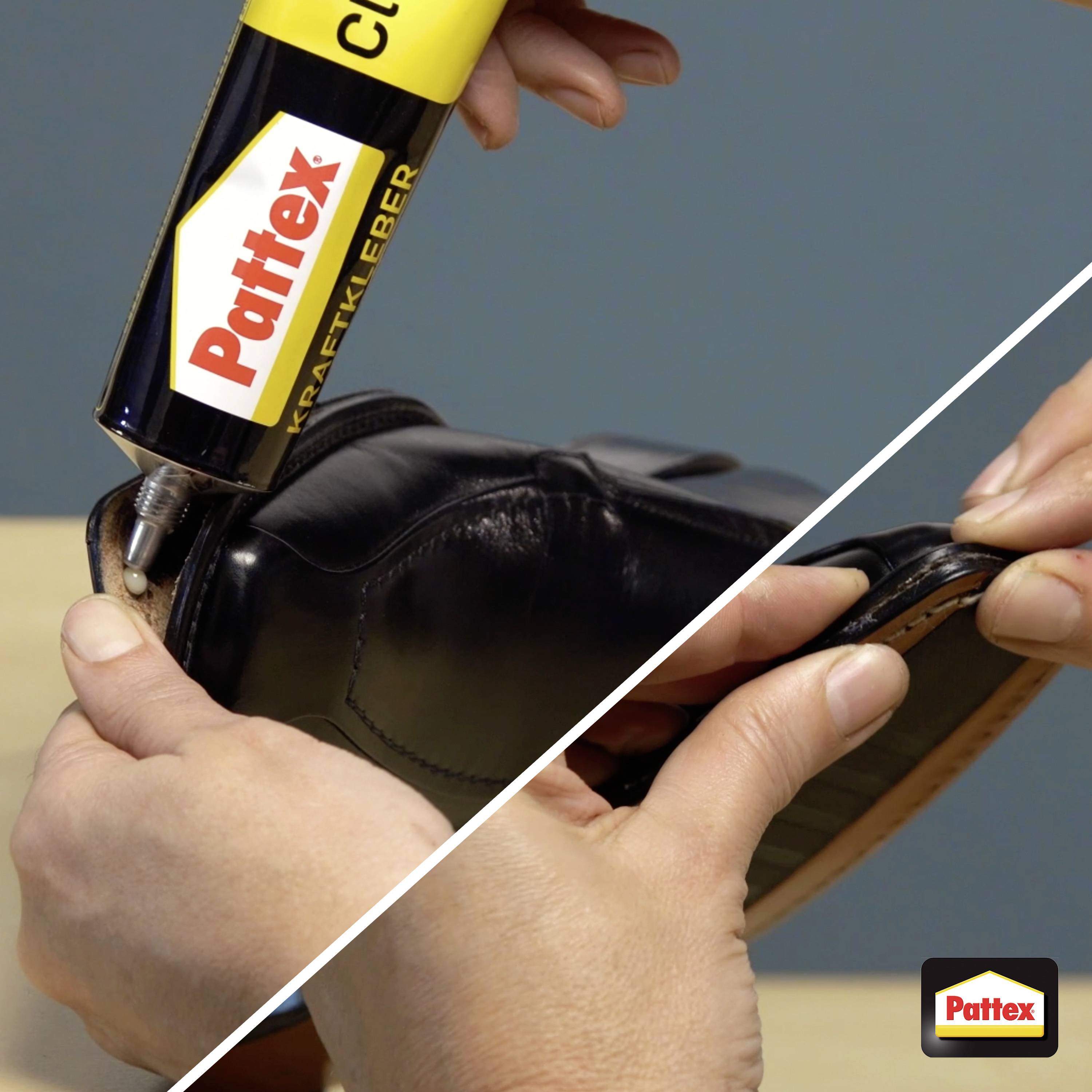 Tubo di colla 'Pattex' utilizzato per riparare una scarpa nera applicando l'adesivo sulla suola; logo del marchio visibile sul tubo di colla e nell'angolo dell'immagine.