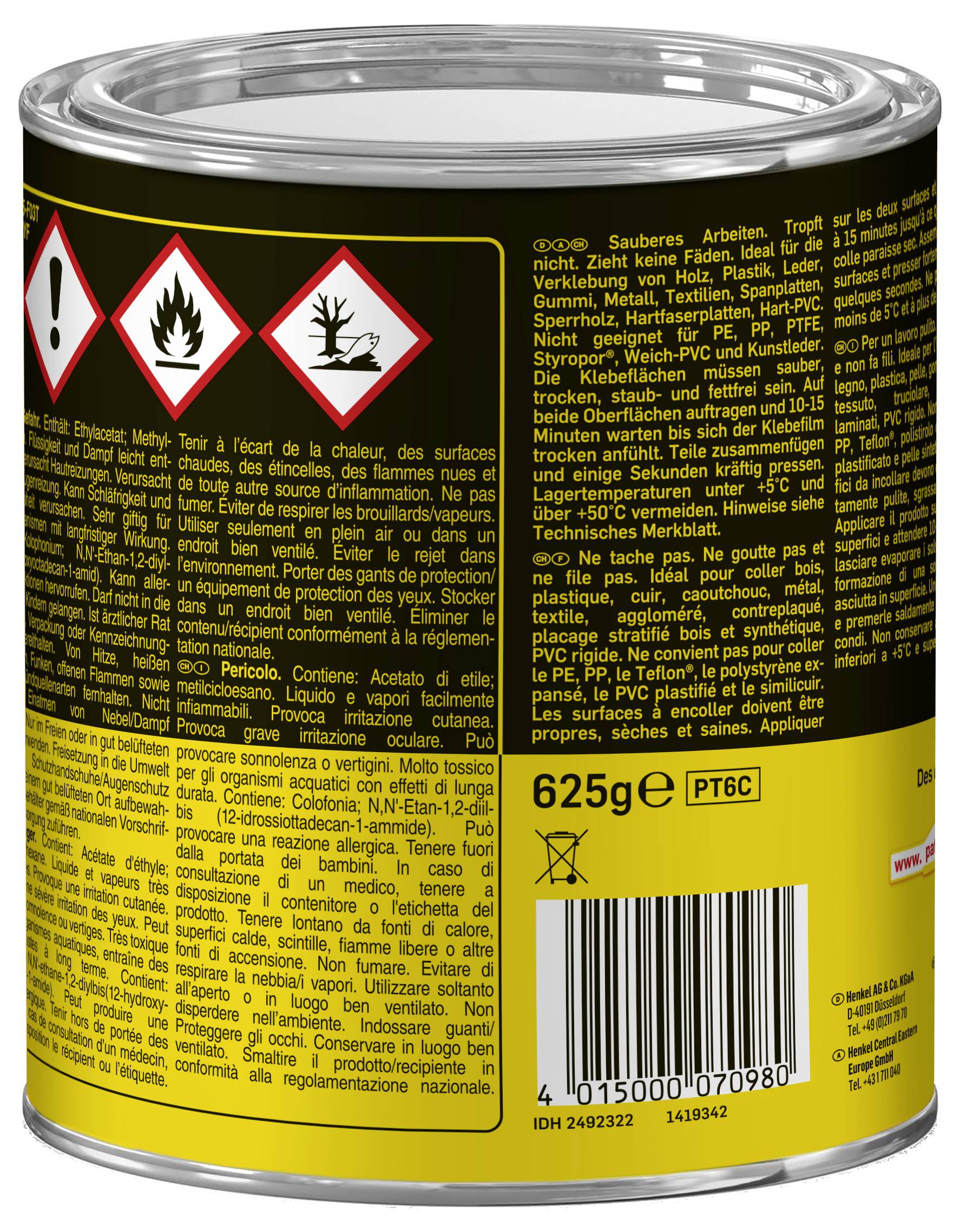 Un barattolo con simboli di avvertenza e istruzioni di sicurezza dettagliate in più lingue, che indicano rischi di infiammabilità e pericoli ambientali. Contiene 625g.