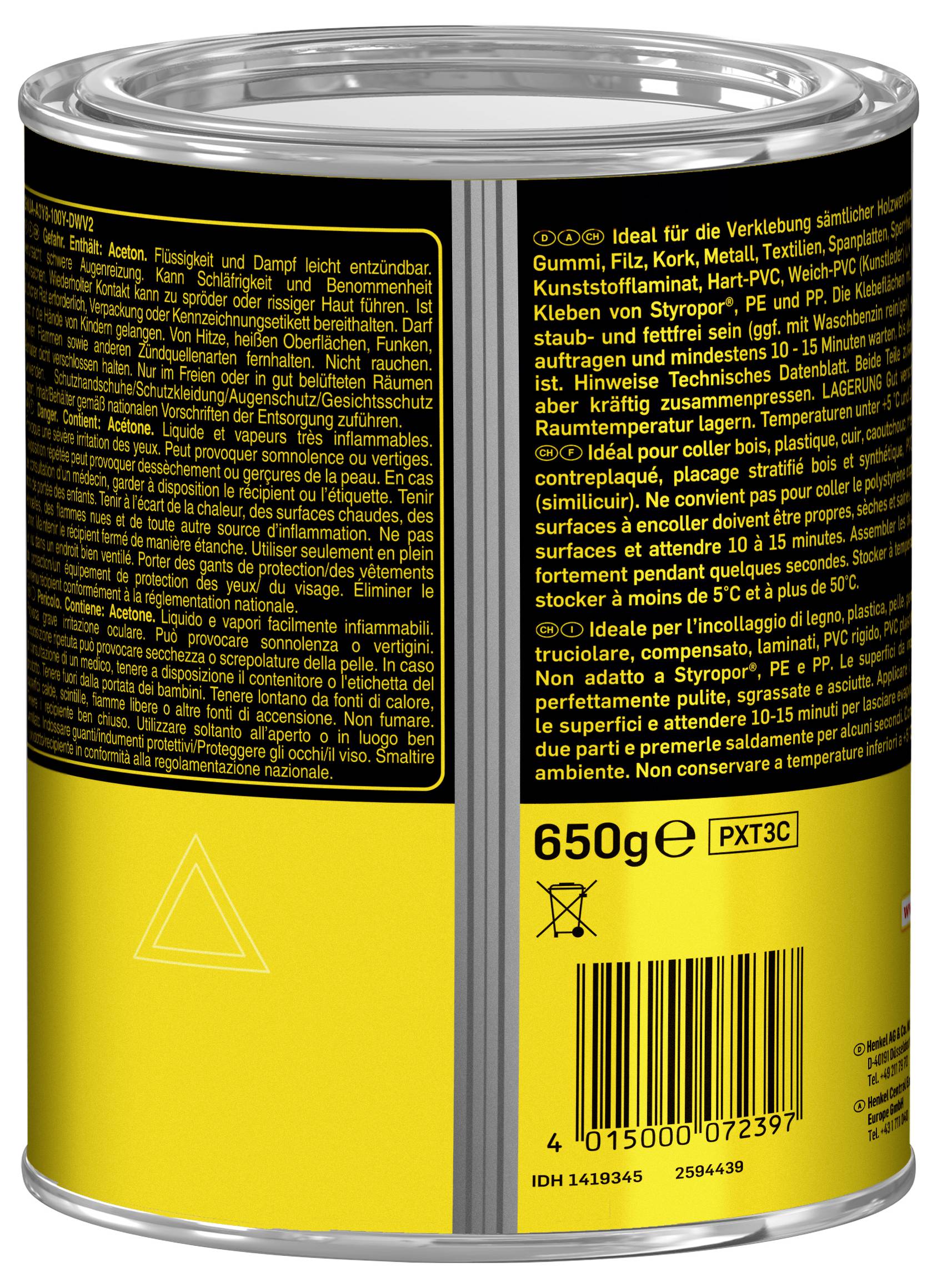 Un barattolo con un'etichetta gialla e nera che mostra testo in più lingue, '650g' e 'PXT3C'. Il testo principale fornisce istruzioni per l'uso.