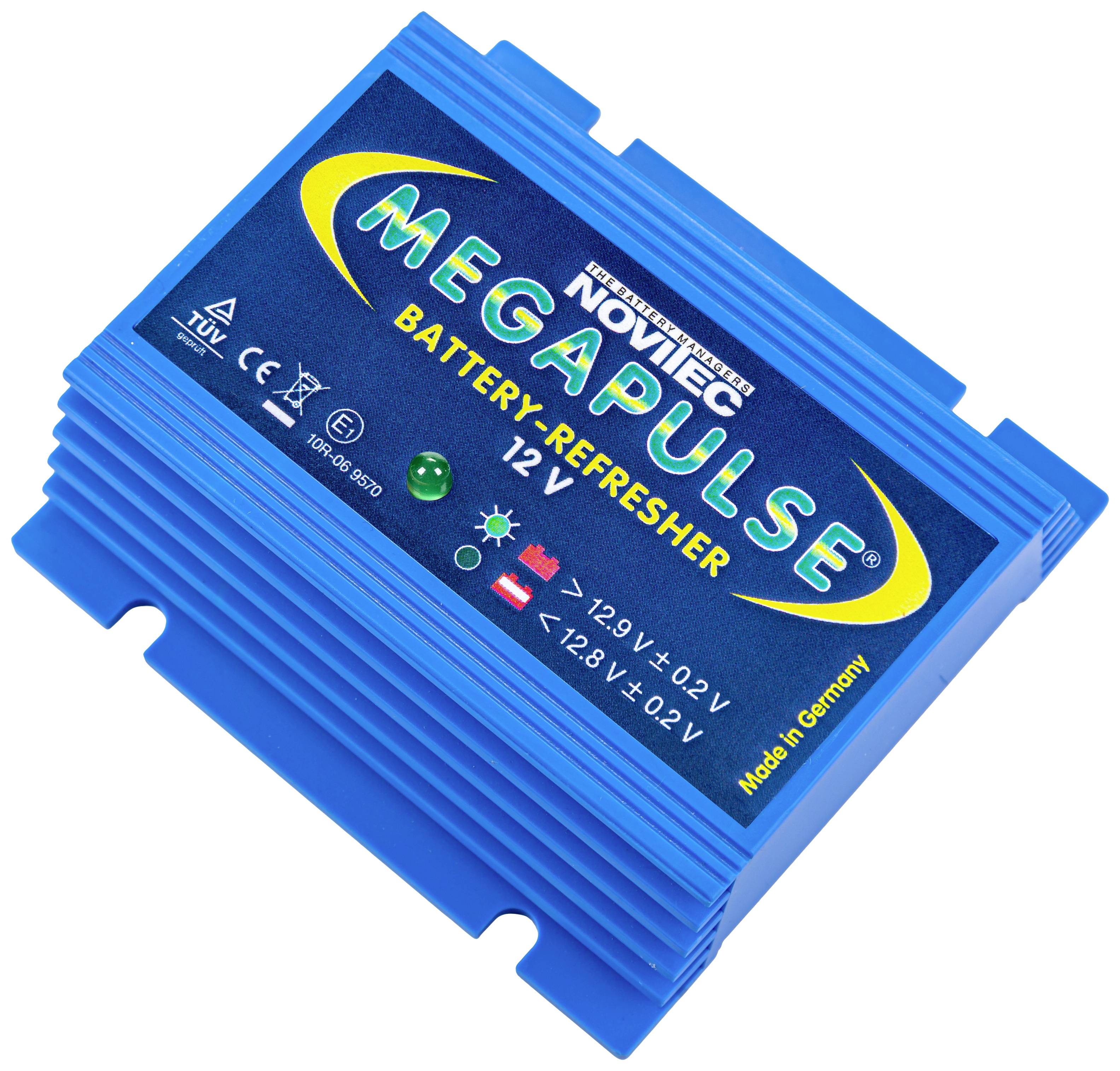 Un dispositivo blu con la scritta 'MEGAPULSE Battery Refresher 12V', utilizzato per la manutenzione e l'allungamento della vita utile delle batterie.