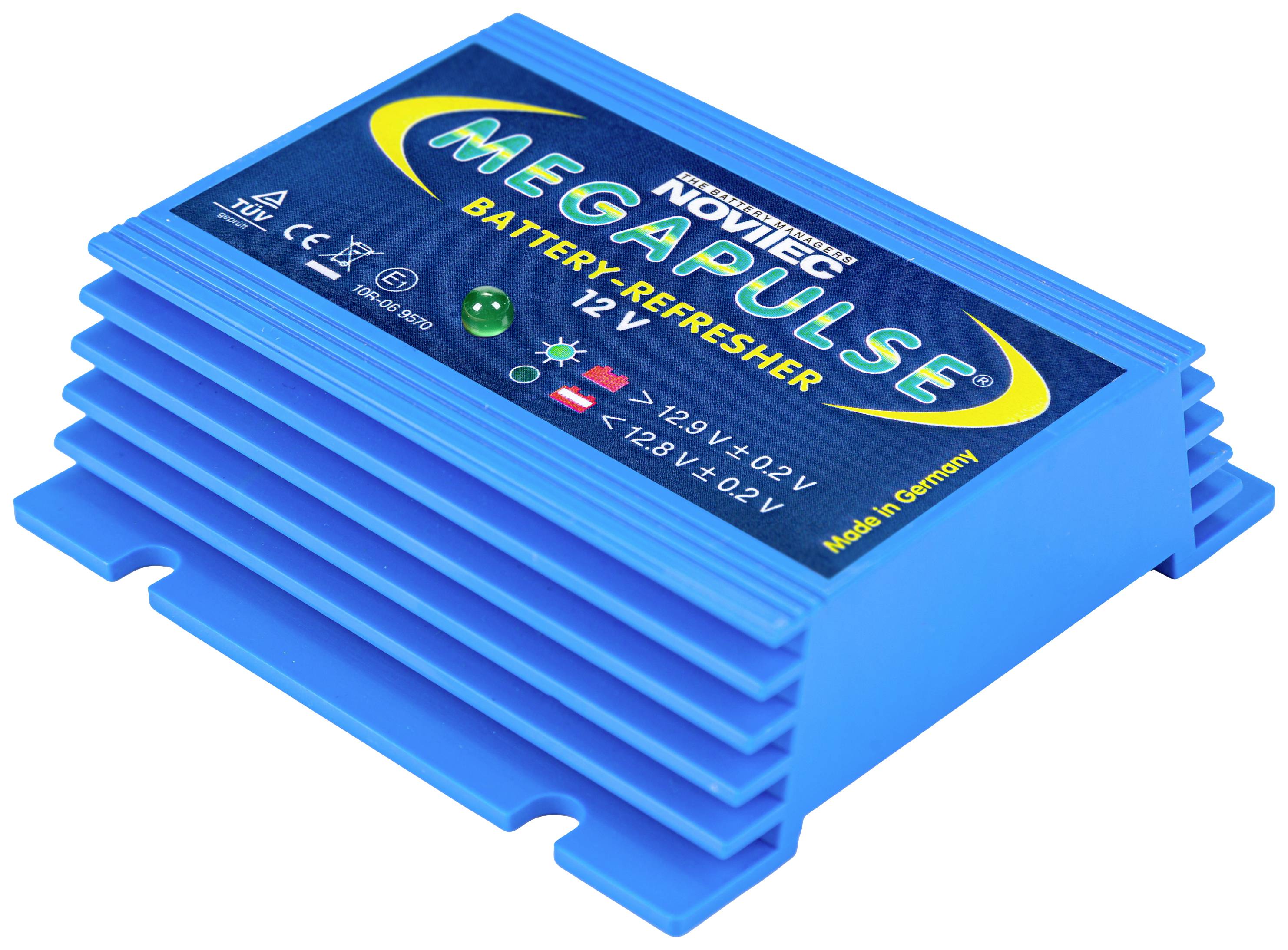 Un rigeneratore di batterie Megapulse blu con indicatori LED sulla parte superiore, con la scritta 'Made in Germany'. Adatto per batterie da 12V.