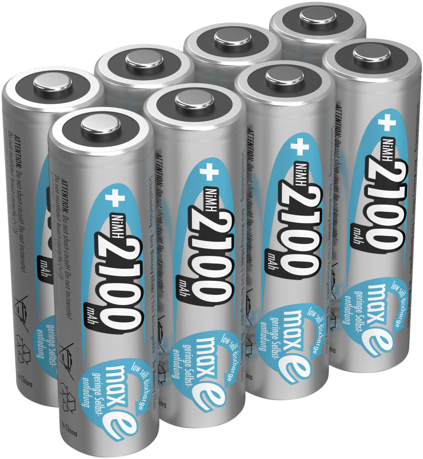 Otto batterie AA argento con stampe blu e nere, disposte in due file. Capacità: 2100 mAh, ricaricabili.