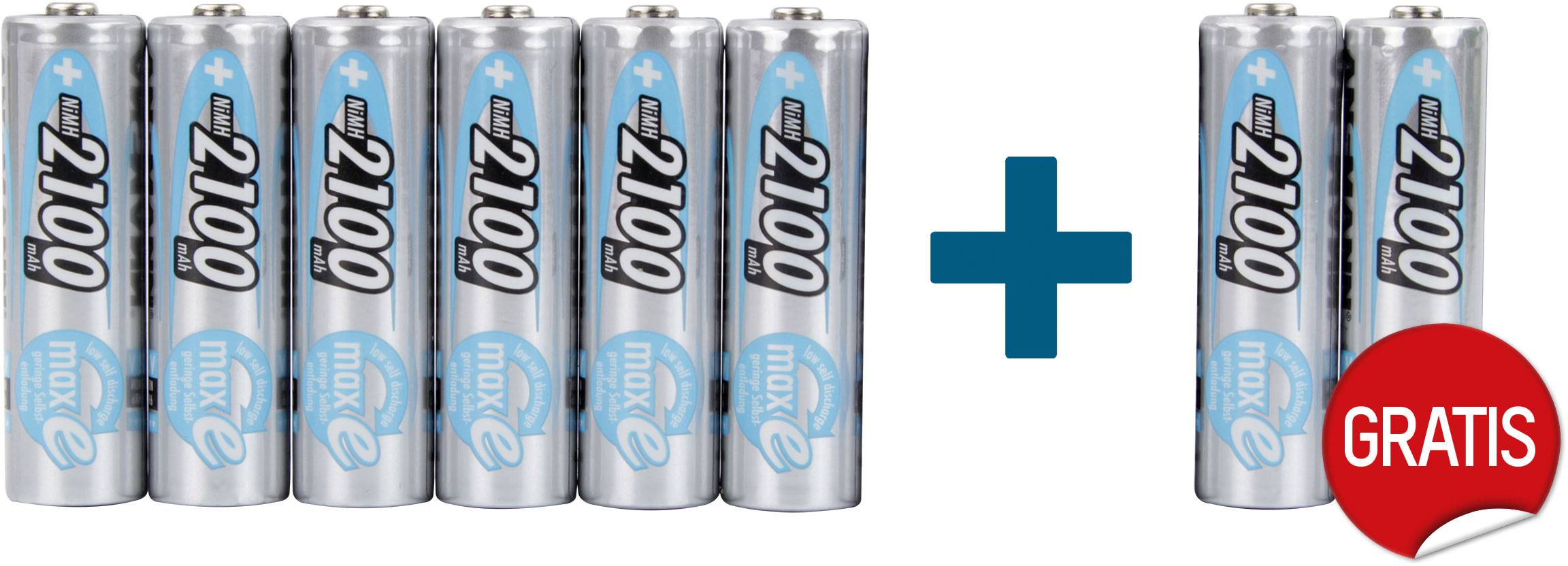 Otto batterie AA allineate una accanto all'altra, a destra un simbolo più e la parola 'GRATIS' su un cerchio rosso.