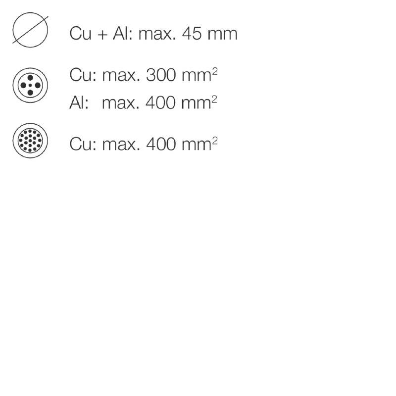Illustrazione mostra simboli e testi sui diametri dei cavi: 'Cu + Al: max. 45 mm', 'Cu: max. 300 mm²', 'Al: max. 400 mm²'.