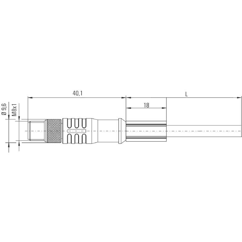Disegno tecnico di un connettore per cavo, vista laterale, che mostra le dimensioni: larghezza 9,6 mm, segmento di lunghezza 40,1 mm, etichettato L per lunghezza totale.