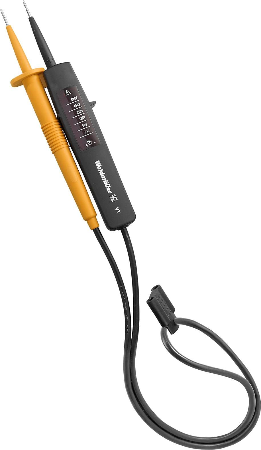 Tester di tensione digitale con due punte di prova, impugnatura arancione, display per scala di tensione, idoneo per verifiche elettriche.