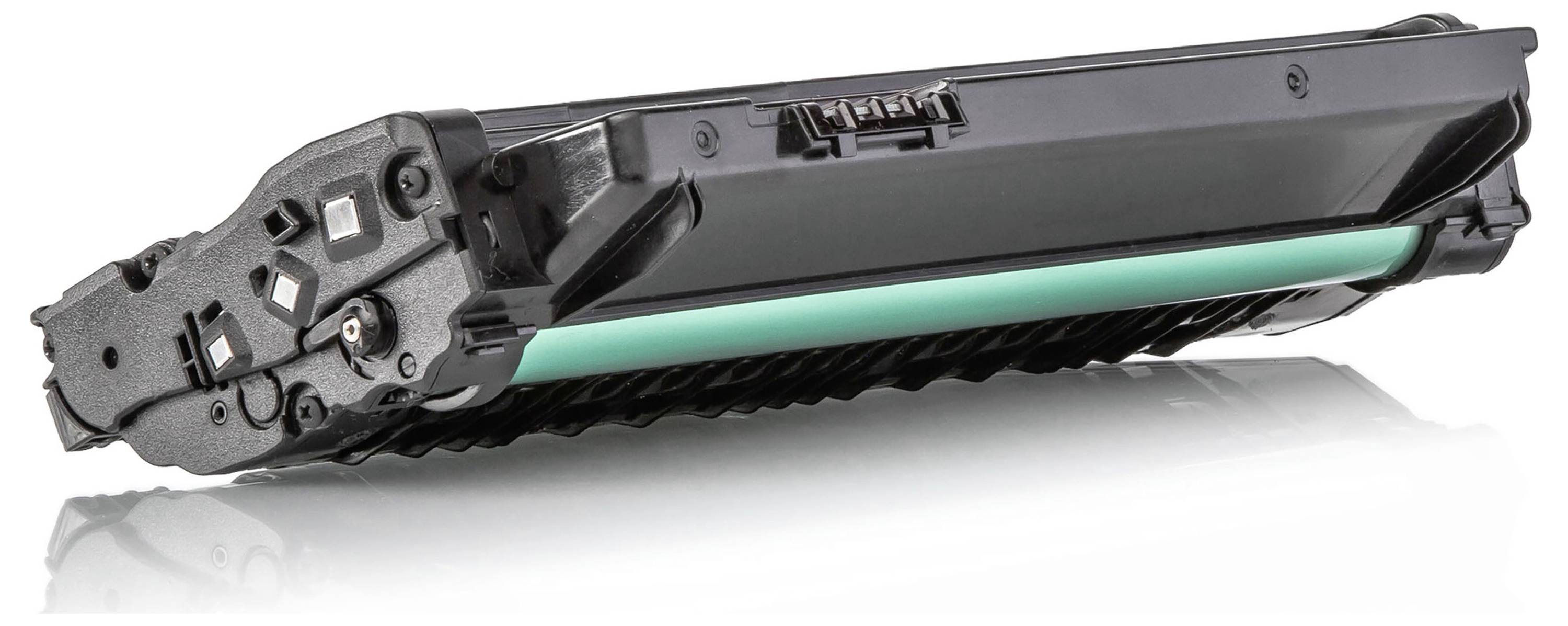 Cartuccia di toner nero per stampante, mostrata in vista laterale su sfondo bianco.
