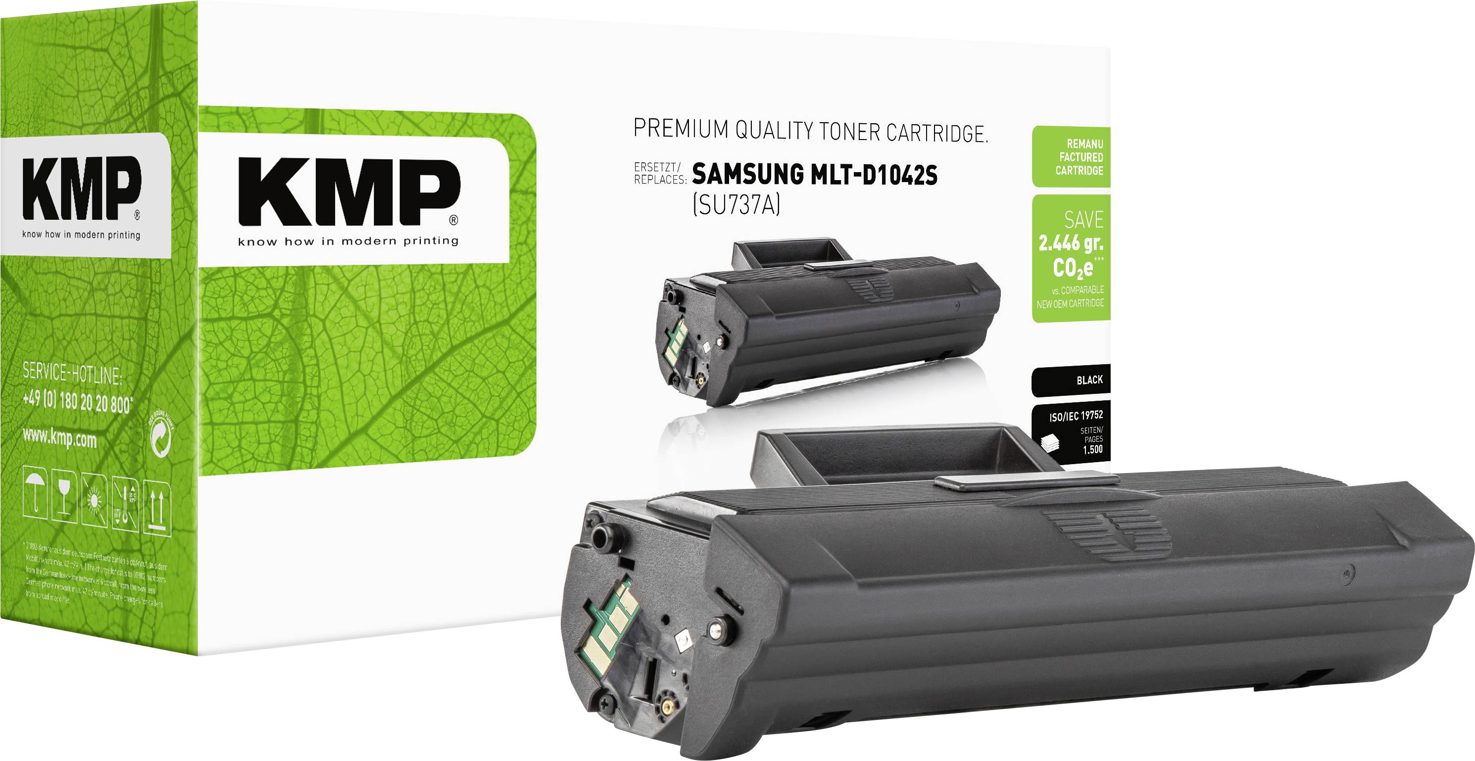 Confezione di cartuccia di toner di qualità premium KMP e due cartucce di toner nere Samsung MLT-D1042S mostrate su uno sfondo bianco.