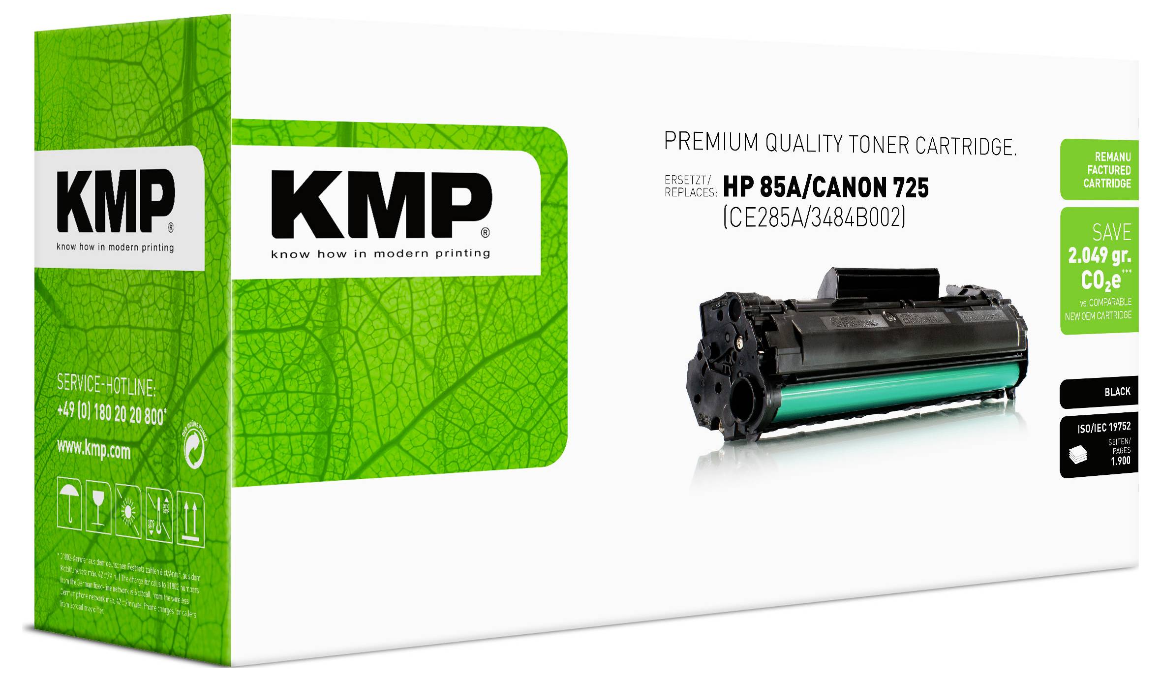 Confezione di cartuccia toner di qualità premium KMP per HP 85A/Canon 725, mostrata in una scatola verde e bianca con la cartuccia raffigurata sulla parte anteriore.
