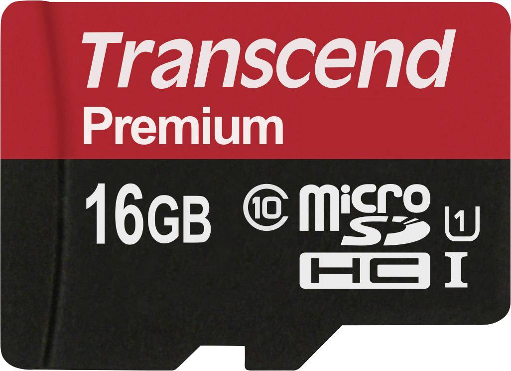 Scheda di memoria microSD nera 'Transcend Premium' con stampa rossa, capacità di memoria da 16GB, classe di velocità 10 e UHS-I.