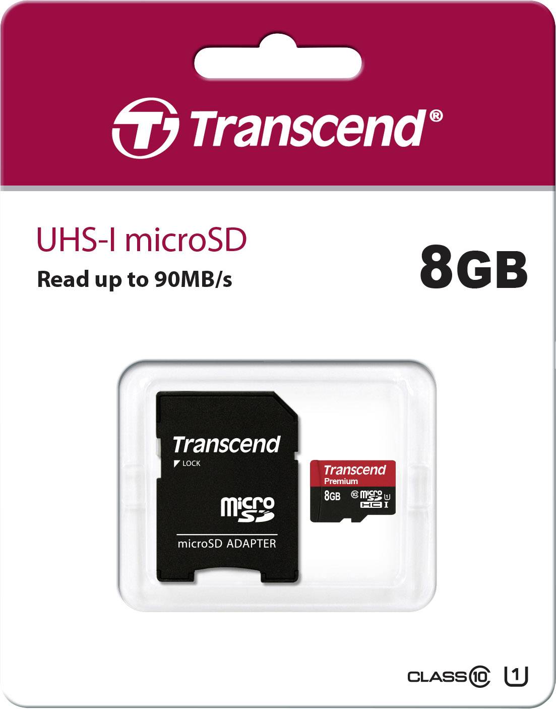 Scheda Transcend microSD, 8GB, UHS-I, velocità fino a 90MB/s, in confezione con adattatore.